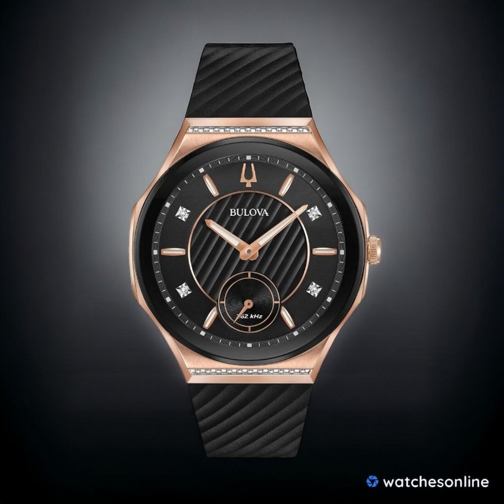 New Bulova Women's Quartz Curved Rose Gold Case Black Dial 40.5mm Watch 98R239